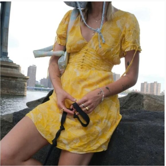 Urban Outfitters Talia Tie Sleeve Mini Dress Womens Small Runch Waist Summer - Picture 1 of 14